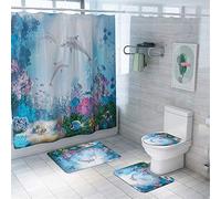 Enhome Juego de 4 Piezas de Alfombra de baño Antideslizante + Tapa de Inodoro + Alfombrilla de baño + Cortina de Ducha, Animal Marino (Delfín)