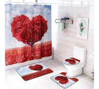 Enhome Juego de 4 Piezas de Alfombra de baño Antideslizante + Tapa de Inodoro + Alfombrilla de baño + Cortina de Ducha, Estampado Floral (Árbol de Amor)