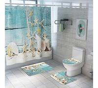 Enhome Juego de 4 Piezas de Alfombra de baño Antideslizante + Tapa de Inodoro + Alfombrilla de baño + Cortina de Ducha, Mundo de los Fondos Marinos (Concha)