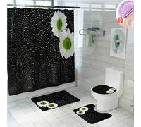 Enhome Juego de 4 Piezas de Cortinas de Ducha, Flores Alfombra de baño Antideslizante + Tapa de Inodoro + Cortina de Ducha Resistente al Moho 3D Impresión (Margaritas Negras Verdes)
