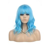 eNilecor Peluca azul corta y rizada con flequillo de aire, pelucas sintéticas de color natural de 14 pulgadas para mujer