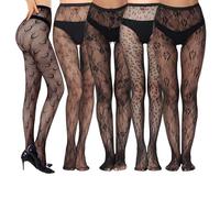 Eniyou 5 Pares Medias Encaje Negro Mujer Medias de Encaje Negro Me-dias En-caje Ne-gro Mujer con Flores,Luna,Estampado de leopardo,Lazo,Sexy Ideal para Fiestas, Cosplay,Actuaciones