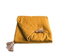 Enjoy Home - Edredon Decorativo - Amarillo Mostaza con 4 Pompones de Yute - 90 x 190 cm - 100% algodón - Certificado Oeko-Tex - Colección Panamá