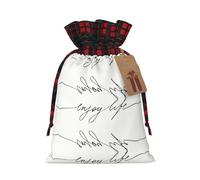 Enjoy Life - Bolsa de Navidad a cuadros con estampado de texto negro escrito a mano con cordón, 4.7 x 6.9 pulgadas para Navidad, Halloween