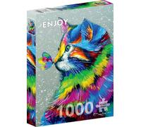 ENJOY Puzzle Linda pintura de gato arcoíris y mariposa, rompecabezas de 1000 piezas para adultos, acabado mate, tacto suave, fácil de montar, ajuste apretado, colores vivos, servicio de piezas