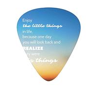 Enjoy the Little Things - Juego de 12 púas universales para guitarra ABS, eslogan inspirador en el futuro sobre fondo borroso del atardecer, para guitarra acústica y eléctrica, naranja, azul y blanco