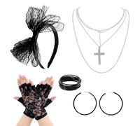 Enjoyaa Disfraz de los años 80 para mujer, 5 piezas de accesorios de disfraz de los años 80, diadema de encaje, aretes, guantes de encaje, collar de fiesta y pulsera, juego de fiesta retro para fiesta