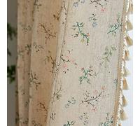 ENJOYBRIDAL - Cortina Floral de 244 cm con Dobladillo para Barra, Cortinas semiopacas, Mezcla de Lino de algodón con borlas, Estilo rústico, para Sala de Estar, Dormitorio, Beige, 2 Paneles