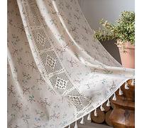 ENJOYBRIDAL - Juego de 2 Cortinas Florales de Patchwork de Encaje de Ganchillo con borlas y Dobladillo para Barra, 244 cm de Largo, semitransparentes, Bohemias, para Dormitorio, Sala de Estar, Beige