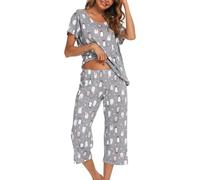 ENJOYNIGHT Conjunto de pijama corto para mujer, de verano, de algodón, de manga corta y pantalones pirata, Pingüino gris., XXL