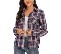 Enjoyoself Camisa Cuadros Mujer Franela 100% Algodón Camisa Leñador Blusas Basiccon Botones Camisetas Cuello en V Manga Larga Casual Oficina Básico Vintage Western