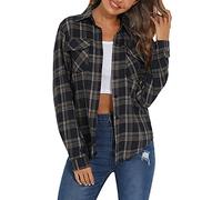 Enjoyoself Camisa Cuadros Mujer Franela 100% Algodón Camisa Leñador Blusas Basiccon Botones Camisetas Cuello en V Manga Larga Casual Oficina Básico Vintage Western