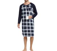 Enjoyoself Camisón Hombre Algodón Camisetas de Pijama Larga Dormir Suave Transpirable Camisa de Noche de Mangas Largas Camison Hospital Ropa de Dormir para Descansar Cuadros+Azul Marino L