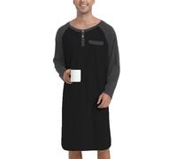 Enjoyoself Camisón Hombre Algodón Camisetas de Pijama Larga Dormir Suave Transpirable Camisa de Noche de Mangas Largas Camison Hospital Ropa de Dormir para Descansar Negro+Gris Oscuro XL