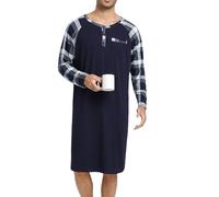 Enjoyoself Camisón Hombre Algodón Camisetas de Pijama Larga Dormir Suave Transpirable Camisa de Noche de Mangas Largas Camison Hospital Ropa de Dormir para Descansar Azul Marino+Cuadros M