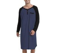 Enjoyoself Camisón Hombre Algodón Camisetas de Pijama Larga Dormir Suave Transpirable Camisa de Noche de Mangas Largas Camison Hospital Ropa de Dormir para Descansar Azul Oscuro+Gris L
