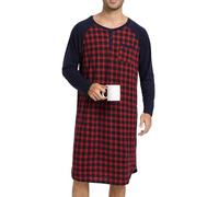 Enjoyoself Camisón Hombre Algodón Camisetas de Pijama Larga Dormir Suave Transpirable Camisa de Noche de Mangas Largas Camison Hospital Ropa de Dormir para Descansar Cuadros+Rojo Azul Marino 3XL