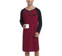 Enjoyoself Camisón Hombre Algodón Camisetas de Pijama Larga Dormir Suave Transpirable Camisa de Noche de Mangas Largas Camison Hospital Ropa de Dormir para Descansar Vino+Negro 3XL