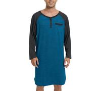 Enjoyoself Camisón Hombre Algodón Camisetas de Pijama Larga Dormir Suave Transpirable Camisa de Noche de Mangas Largas Camison Hospital Ropa de Dormir para Descansar Azul+Gris Oscuro M