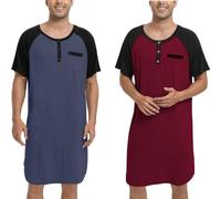 Enjoyoself Camisón Hombre Dormir Camisetas de Pijama Algodón Larga Suave Transpirable Camisa de Noche de Manga Corta Camison Hospital Descansar Azul Oscuro+Negro & Rojo Vino+Negro 4XL