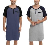 Enjoyoself Camisón Hombre Dormir Camisetas de Pijama Algodón Larga Suave Transpirable Camisa de Noche de Manga Corta Camison Hospital Descansar Azul Oscuro+Negro & Gris+Azul Marino XXL
