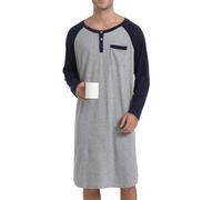 Enjoyoself Camisón Hombre Dormir Camisetas de Pijama Algodón Larga Suave Transpirable Camisa de Noche de Mangas Largas Camison Hospital Ropa de Dormir para Descansar Gris+Azul Marino 3XL