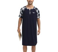 Enjoyoself Camisón Hombre Dormir Camisetas de Pijama Algodón Larga Suave Transpirable Camisa de Noche de Manga Corta Camison Hospital Ropa de Dormir para Descansar Azul Marino+Cuadros L