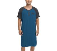 Enjoyoself Camisón Hombre Dormir Camisetas de Pijama Algodón Larga Suave Transpirable Camisa de Noche de Manga Corta Camison Hospital Ropa de Dormir para Descansar Azul+Gris Oscuro M