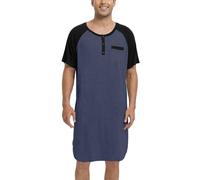 Enjoyoself Camisón Hombre Dormir Camisetas de Pijama Algodón Larga Suave Transpirable Camisa de Noche de Manga Corta Camison Hospital Ropa de Dormir para Descansar Azul Oscuro+Negro L