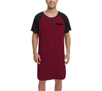 Enjoyoself Camisón Hombre Dormir Camisetas de Pijama Algodón Larga Suave Transpirable Camisa de Noche de Manga Corta Camison Hospital Ropa de Dormir para Descansar Rojo Vino+Negro M