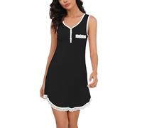 Enjoyoself Camisón Mujer Algodon Sexy con Cuello en V Botón y sin Manga Pijamas Encaje Camisones Mujer y Suave Ropa de Dormir Negro* sin Manga L