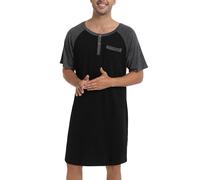 Enjoyoself Pijama de Algodón Hombre Larga Suave Transpirable Camisa de Noche de Manga Corta Ropa de Dormir para Descansar Negro+Gris Oscuro XXL