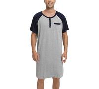 Enjoyoself Pijama de Algodón Hombre Larga Suave Transpirable Camisa de Noche de Manga Corta Ropa de Dormir para Descansar Gris+Azul Marino XXL
