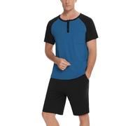 Enjoyoself Pijamas Verano Hombre Algodón Corto Cómodo Set Manga Corta Camiseta y Ropa de Dormir Pantalones Cortos Tops B_Azul+Negro L