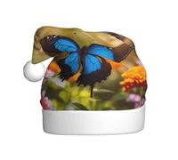 EnkzpoHen Sombrero de Navidad unisex con estampado de mariposas azules y flores, decoración de fiesta de vacaciones, cómodo gorro de Navidad