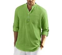 Enlision Camisa Algodón Y Lino Hombre Verano Camiseta de Cuello Henley con Mangas Larga y Bolsillo Top Camisa de Ocio de Color Sólido y Corte Ajustado para Diario Viaje Verde 3XL