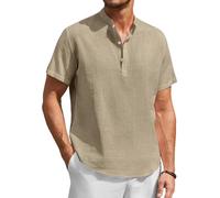 Enlision Camisa de Lino Hombre Verano Manga Corta Camisas Caqui para Hombres Cuello Mao Ibicenca Camiseta con Botones Casual Elegantes Playa Ropa 3XL