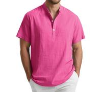 Enlision Camisa de Lino Hombre Verano Manga Corta Camisas Fucsia para Hombres Cuello Mao Ibicenca Camiseta con Botones Casual Elegantes Playa Ropa 4XL