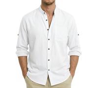 Enlision Camisa de Lino Manga Larga para Hombre Blanco Casual Cuello Mao Camisetas con Botónes Elegantes Playa Verde L