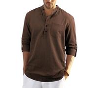 Enlision Camisa de Manga Larga para Hombre Camisa Suelta de Color Liso Camisa Ocio de Algodón y Lino con Cuello en V Blusa de Moda con Botone Top para Diario Viaje Marrón 5XL