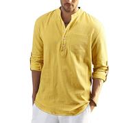 Enlision Camisa de Manga Larga para Hombre Camisa Suelta de Color Liso Camisa Ocio de Algodón y Lino con Cuello en V Blusa de Moda con Botone Top para Diario Viaje Amarillo 4XL