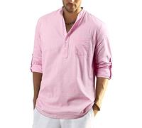 Enlision Camisa de Manga Larga para Hombre Camisa Suelta de Color Liso Camisa Ocio de Algodón y Lino con Cuello en V Blusa de Moda con Botone Top para Diario Viaje Rosado XL
