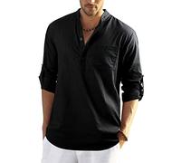 Enlision Camisa de Manga Larga para Hombre Camisa Suelta de Color Liso Camisa Ocio de Algodón y Lino con Cuello en V Blusa de Moda con Botone Top para Diario Viaje Negra 2XL