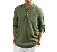 Enlision Camisa de Manga Larga para Hombre Otoño Primavera Camisa Suelta de Ocio de Color Sólido con Botónes Top Blusa de Corte Recto Ejercito Verde 3XL