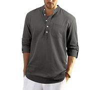 Enlision Camisa de Manga Larga para Hombre Otoño Primavera Camisa Suelta de Ocio de Color Sólido con Botónes Top Blusa de Corte Recto Ejercito Gris Oscuro L