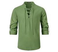 Enlision Camisa de Pirata Vikingo Camisas de Lino Ghillie Kilt Manga Larga Disfraz Medieval de Halloween Cosplay Vikingo Pirata Renacimiento Verde Militar 4XL