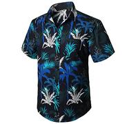 Enlision Camisa Hawaiana Hombre Estampada Funky Manga Corta Camisas Hawaianas con Bolsillo Delantero Impresión de Palmera Aloha Shirt de Verano,Negro y Azul,