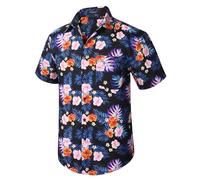 Enlision Camisa Hawaiana para Hombre Funky Manga Corta Casual con Botones Verano Aloha Hawaii Camisa Vacaciones en la Playa Flores Palmeras Estampado Camisas Unisex Azul Marino S