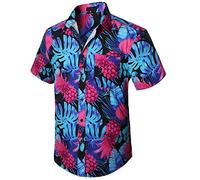 Enlision Camisa Hawaiana Verano Hombre Funky Manga Corta Camisas Hawaianas con Bolsillo Delantero Impresión de Piña y Palma Hoja Aloha Shirt, Azul y Rosa,