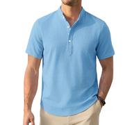 Enlision Camisa Lino Hombre Azul Manga Corta Sin Cuello Mao Camisa Hombres Verano Casual Camisetas con Botónes Elegantes Playa 3XL